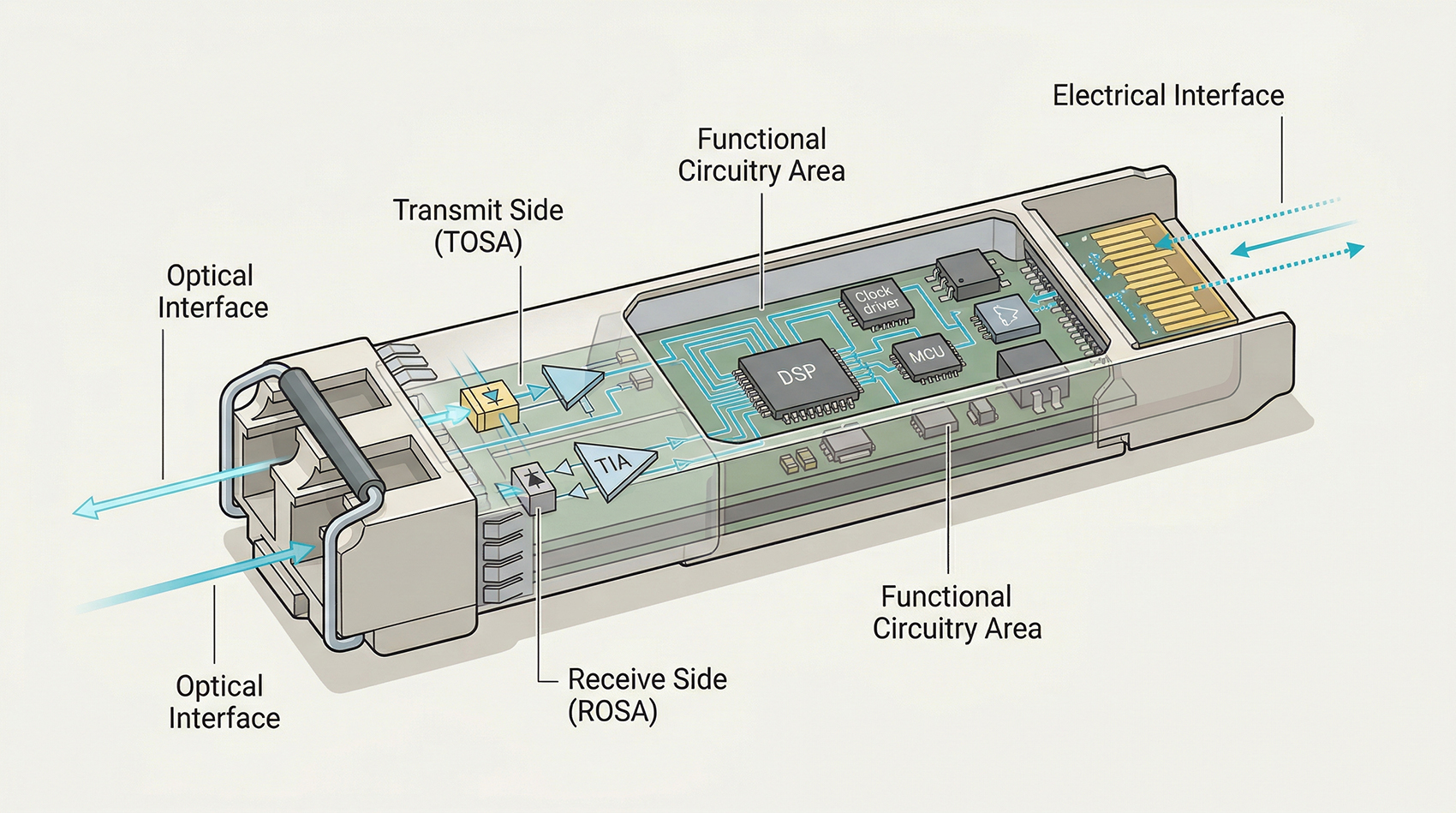 Rosa Module 중국 ShenZhen Ruiara Co., Ltd 최신 회사 블로그 약 광학 모듈 구성 요소 설명: TOSA, ROSA, DSP ...